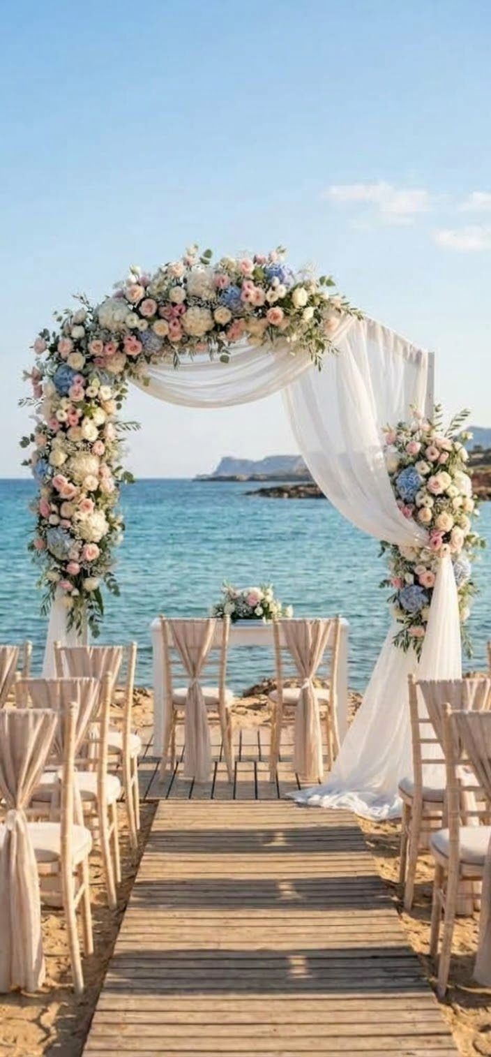 Arco con fiori rosa e azzurri e drappi bianchi su passerella in legno vista mare